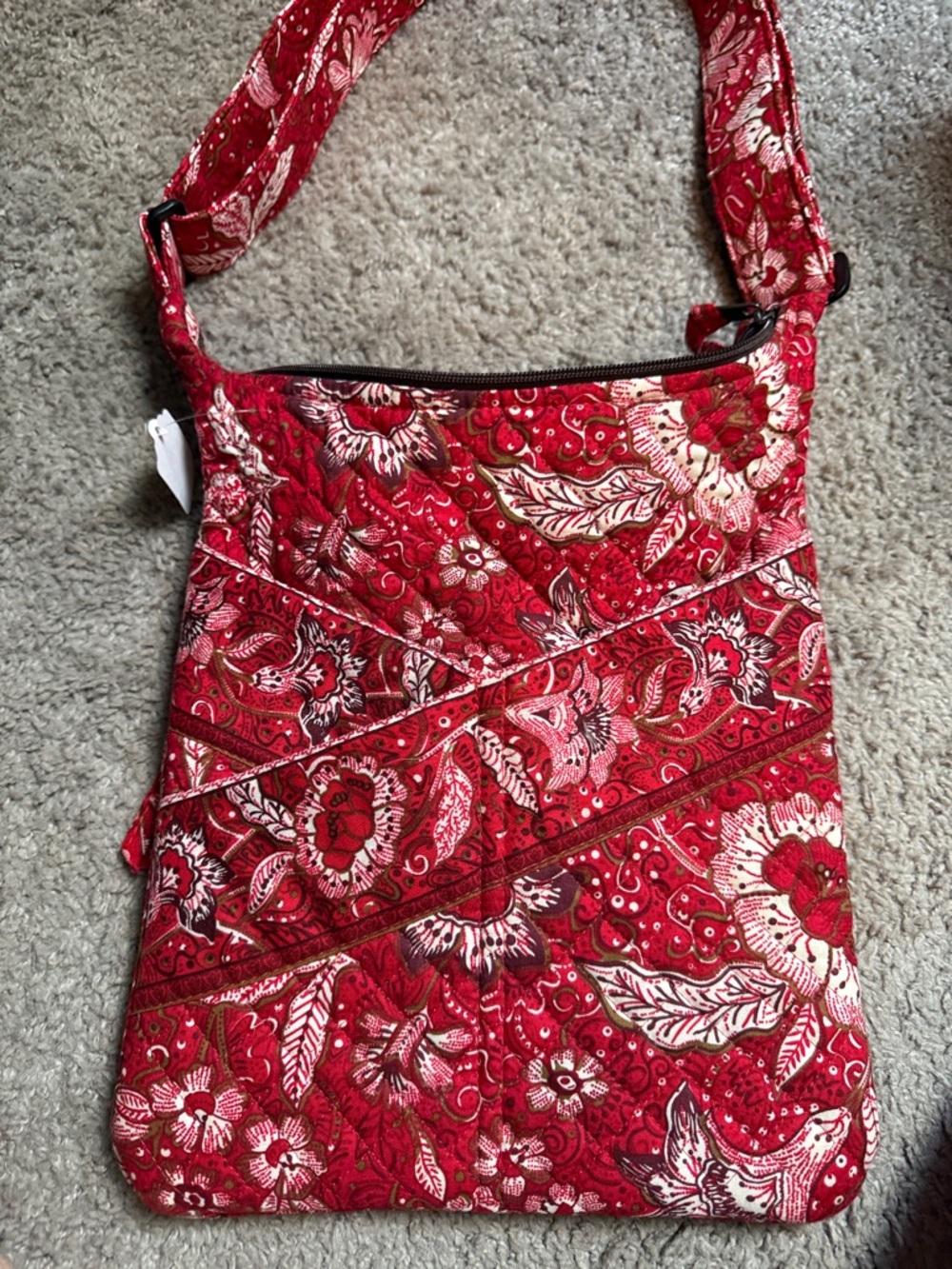 Red Quilted Floral Crossbody Bag with Adjustable Strap
